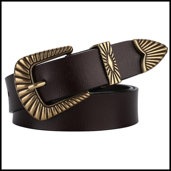 Western Leather Belt Vintage Chic Adjustable Silver Gold Buckle Accessory